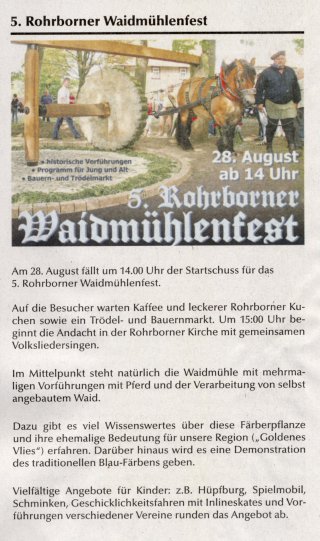 Rohrborn Zeitungsartikel Waidmühlenfest 2010 5, Rohrborner Waidmühlenfest