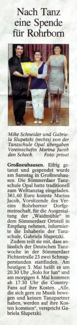 Zeitungsartikel Rohrborn Spende Verein Rohrborner Dorfgemeinschaft Tanzschule Opal