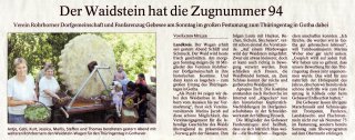 Rohrborn Zeitungsartikel Vorbereitung Thüringentag "Der Waidstein hat die Zugnummer 94"