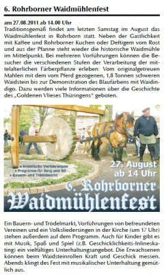 Zeitungsartikel Rohrborn 6.Waidmühlenfest 2011