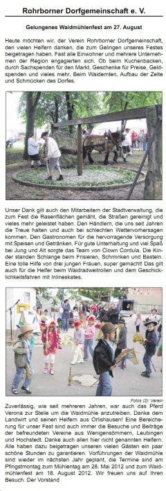 Zeitungsartikel Waidmühlenfest 2011 Dankeschön