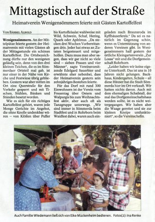 Zeitungsartikel Kartoffelfest Wenigensömmern Rohrborner Dorfgemeinschaft