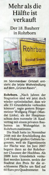 Zeitungsartikel Rohrborn Neues Wohngebiet Mehr als die Hälfte ist verkauft