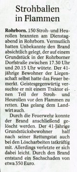 Zeitungsartikel Rohrborn Strohballenbrand Brand 2011