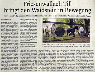 Zeitungsartikel Rohrborn Mühlentag 2013 Waidmühle