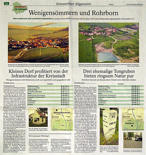 Zeitungsartikel Rohrborn Wenigensömmern Ortsteile Sömmerdas